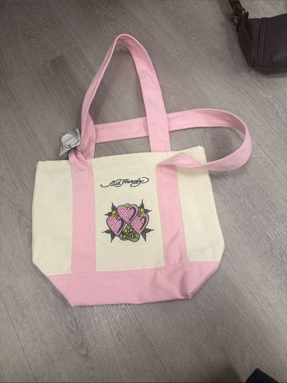 Ed Hardy Pink & Cream Canvas Tote with Heart Love Graphic